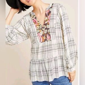 Anthropologie Darlene Plaid Peasant Blouse